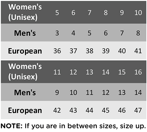 Anywear Professional Occupational Footwear Size Chart