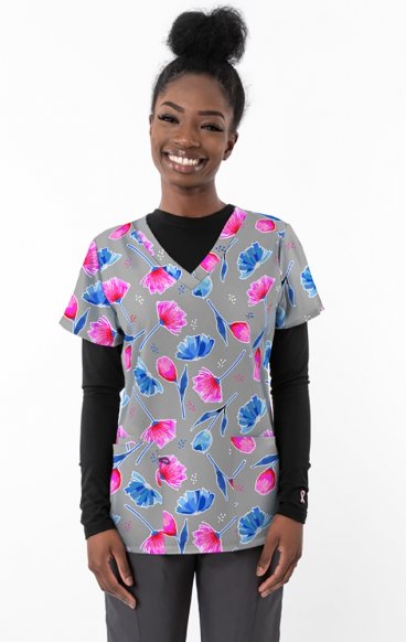 *FINAL SALE 1457GR – Forever Tulips - Grey Print Scrub Top - Soft Stretch Zinnia Fabric by Greentown