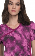 1049PR koi Lite Stretch Raquel Mock-Wrap Print Top - Heather Raspberry Tie Dye