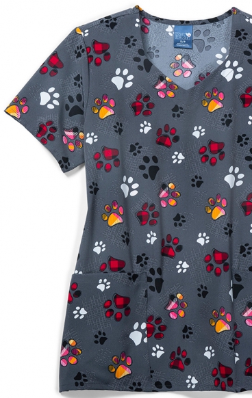 *FINAL SALE Z15213 Zoe + Chloe Diamond Neck Poly Print Scrub Top Checking Paws