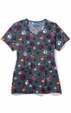 Zoe + Chloe Checking Paws Diamond Neck Poly Print Scrub Tops
