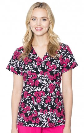 8564 Med Couture V-Neck Vicky Print Scrub Top - Pink Flower Power