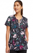 Round Neck Zip Front Print Top in Wild Fleur You - Cherokee Infinity - Antimicrobial
