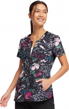Round Neck Zip Front Print Top in Wild Fleur You - Cherokee Infinity - Antimicrobial
