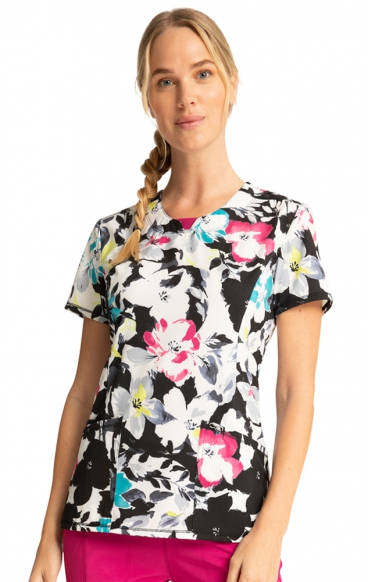 *FINAL SALE CK609 Round Neck Top in Inky Garden - Cherokee Infinity - Antimicrobial