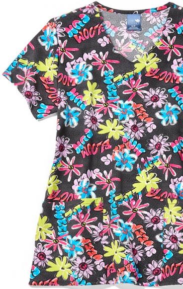 Z12213 Zoe + Chloe Curved V-neck Print Scrub Top - Bloom Boom