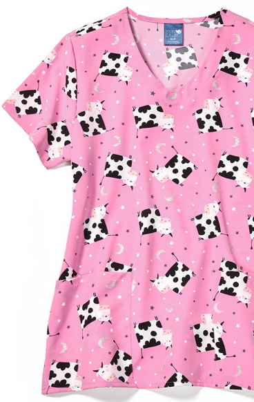 Z12213 Zoe + Chloe Curved V-neck Print Scrub Top - Moon Moo