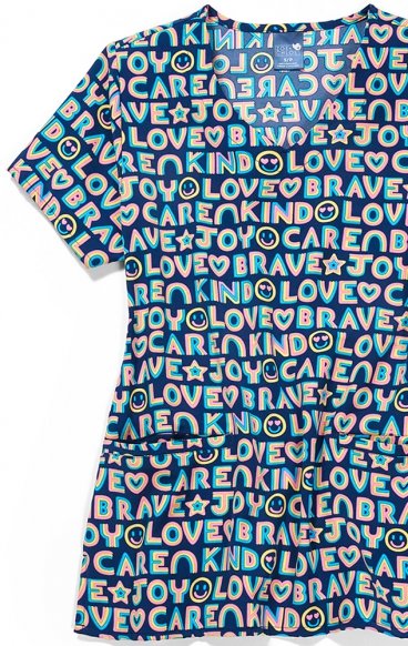 Z18213 Zoe + Chloe Curved V-Neck Print Scrub Top - Love Care Joy