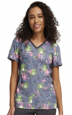 CK636 iFlex V-Neck 4 Pocket Print Top with Knit Panels by Cherokee - Toad-ally Floral Friends