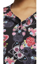 CK732 iFlex Button V-Neck Print Top with Knit Panels by Cherokee - Sugar Skull Flutter