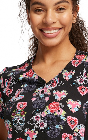 CK732 iFlex Button V-Neck Print Top with Knit Panels by Cherokee - Sugar Skull Flutter