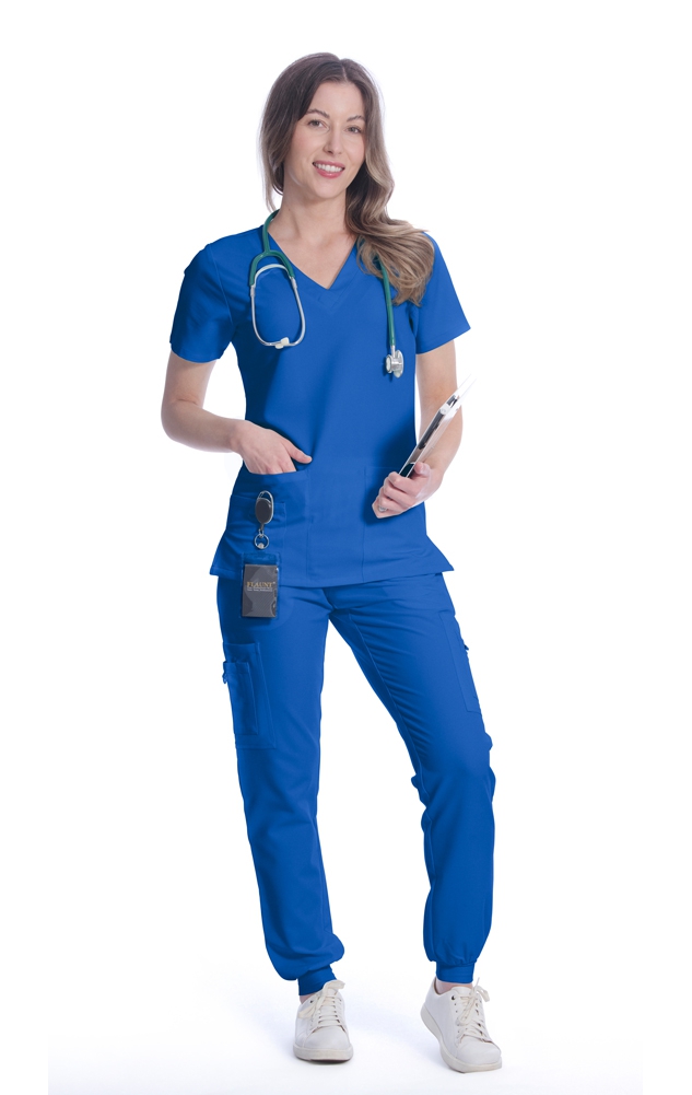 One Scandanavian, skinny with large breasts, 16 year old nurse in a royal  blue nurse scrub top, royal blue tight scrub pants, large breasts - SeaArt  AI