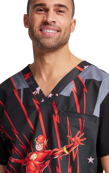 *FINAL SALE TF700 Tooniforms Men's V-Neck Print Top with Kangaroo Pocket by Cherokee Uniforms - Fast as Lightning