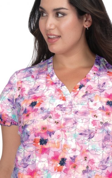 *FINAL SALE B123PR Betsey Johnson by koi Blossom Y-Neck Print Top - Floral Dream Kitty
