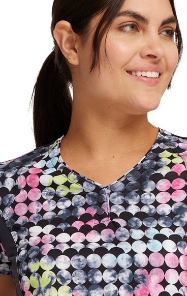 *FINAL SALE CK732 iFlex Button V-Neck Print Top with Knit Panels by Cherokee - Dot's So Retro