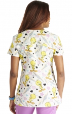 TF776 Tooniforms Fitted V-Neck 2 Pocket Print Top by Cherokee Uniforms - Electric Tweety