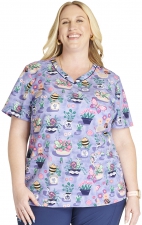 CK678 Cherokee Rounded V-Neck 3 Pocket Print Top - Blooming Bugs