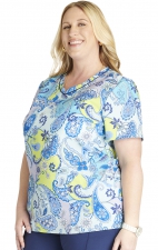 CK678 Cherokee Rounded V-Neck 3 Pocket Print Top - Paisley Punch