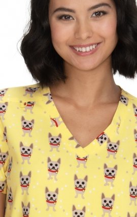 F101PR French Bull by koi Doll V-Neck Print Scrub Top - Frenchie