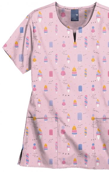 Z16213 Zoe + Chloe Notch Neck Print Scrub Tops - Nice Cream