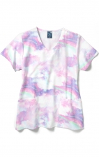 Z12213 Zoe + Chloe Curved V-neck Print Scrub Top - Rainbow Sparkle Sky