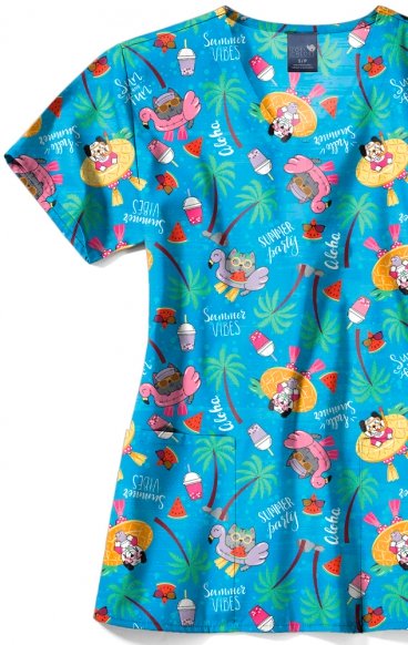 Z12213 Zoe + Chloe Curved V-neck Print Scrub Top - Playcation Z12213 Zoe + Chloe Curved V-neck Print Scrub Top - Playcation