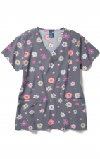 Z18213 Zoe + Chloe Curved V-Neck Print Scrub Top - Pastel Poppy