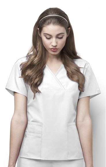 *FINAL SALE WHITE 6026 WonderWink Origins Charlie Y-neck Contrast Trim Scrub Tops