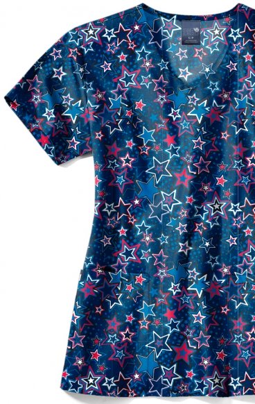 *FINAL SALE Z12213 Zoe + Chloe Curved V-neck Print Scrub Top - Red White & Bloom