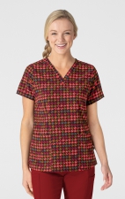 6657 WonderWink Fitted 3-Pocket V-Neck Print Top - Houndstooth Hollow