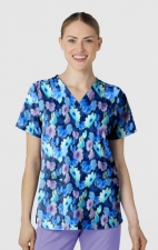 6657 WonderWink Fitted 3-Pocket V-Neck Print Top - Flower Meadow