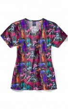 Z12213 Zoe + Chloe Curved V-neck Print Scrub Top - Paw Squad