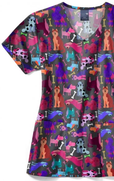 Z12213 Zoe + Chloe Curved V-neck Print Scrub Top - Paw Squad