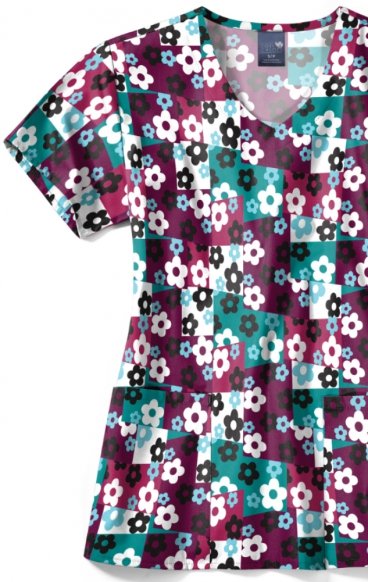 Z12213 Zoe + Chloe Curved V-neck Print Scrub Top - Skater Check Wine Z12213 Zoe + Chloe Curved V-neck Print Scrub Top - Skater Check Wine