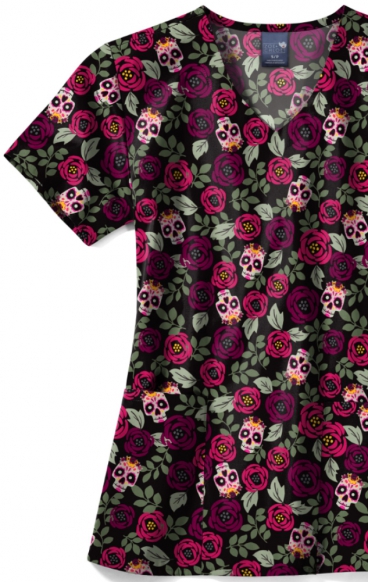 Z12213 Zoe + Chloe Curved V-neck Print Scrub Top - Sugar Skull Roses