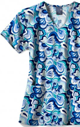 Z12213 Zoe + Chloe Curved V-neck Print Scrub Top - Wavy Paisley