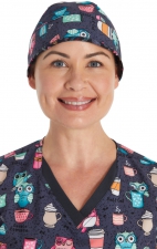 CK513 Unisex Print Scrub Cap with Snap Tabs for Mask by Cherokee - Owl I Need Is Coffee