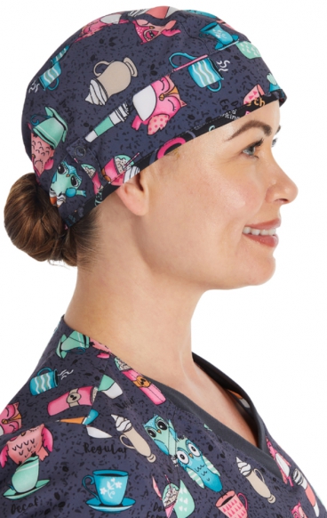 CK513 Unisex Print Scrub Cap with Snap Tabs for Mask by Cherokee - Owl I Need Is Coffee