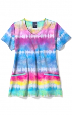 Z18213 Zoe + Chloe Curved V-Neck Print Scrub Top - Chasing Rainbows