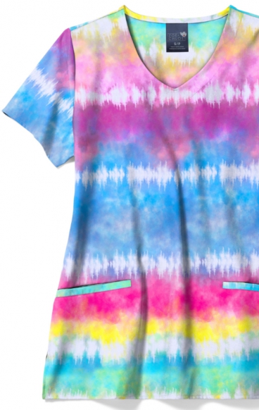 Z18213 Zoe + Chloe Curved V-Neck Print Scrub Top - Chasing Rainbows