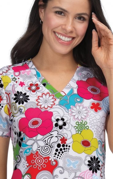 *FINAL SALE F101PR French Bull by koi Doll V-Neck Print Scrub Top - Delight White