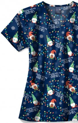 Z12213 Zoe + Chloe Curved V-neck Print Scrub Top - Gnome Alone