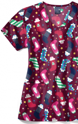 Z12213 Zoe + Chloe Curved V-neck Print Scrub Top - Penguin Pals