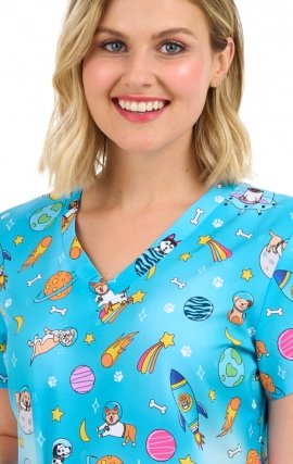 1054 Zavaté Ava Therese Audrey Print Scrub Top - Galactic Pups