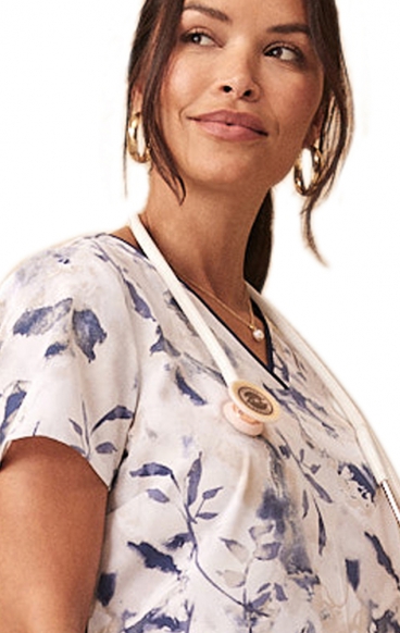 HH908 Healing Hands Amanda Grosgrain Ribbon V-Neck Print Top - Watercolor Botanical HH908 Healing Hands Amanda Grosgrain Ribbon V-Neck Print Top - Watercolor Botanical