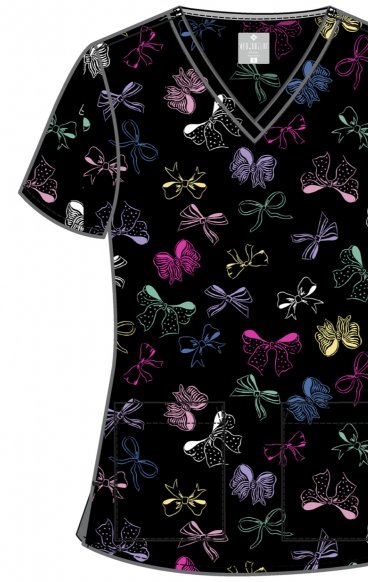 MC8564 Med Couture 2 Pocket V-Neck Print Top - Bow Mania MC8564 Med Couture 2 Pocket V-Neck Print Top - Bow Mania