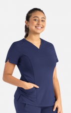 20302 Focus V-Neck Petal Back Hemline Top by Maevn 