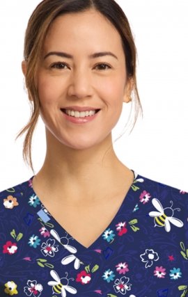 CK856 V-Neck 2 Pocket Print Top by Cherokee - Bumble Bee Bloom