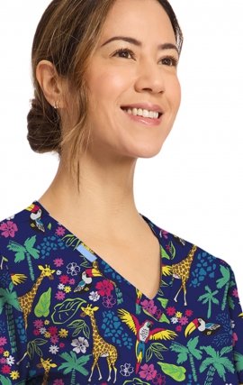 CK856 V-Neck 2 Pocket Print Top by Cherokee - Jungle Jive