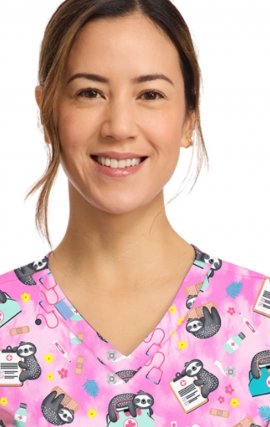 CK856 V-Neck 2 Pocket Print Top by Cherokee - Nurse Sloth